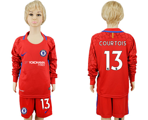 2017 18 Chelsea 13 COURTOIS Red Youth Long Sleeve Goalkeeper Soccer Jersey