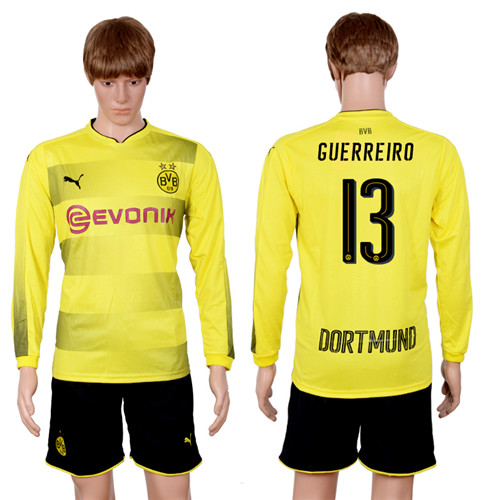 2017 18 Dortmund 13 GUERREIRO Home Long Sleeve Soccer Jersey