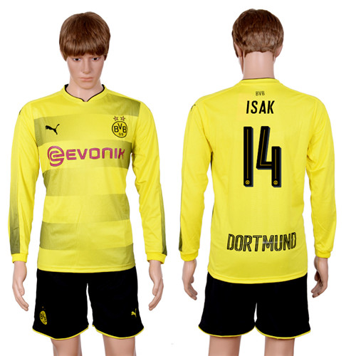2017 18 Dortmund 14 ISAK Home Long Sleeve Soccer Jersey