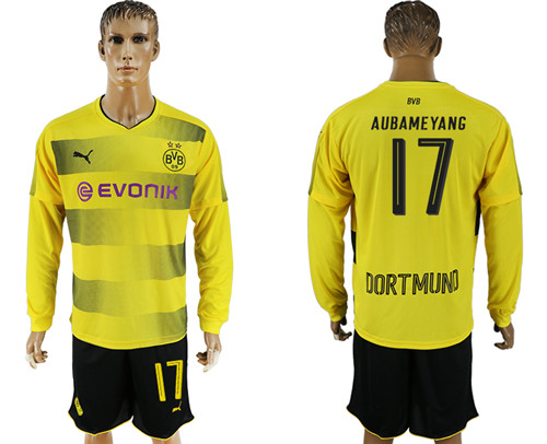 2017 18 Dortmund 17 AUBAMEYANG Home Long Sleeve Soccer Jersey