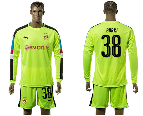 2017 18 Dortmund 38 BURKI Fluorescent Green Goalkeeper Long Sleeve Soccer Jersey