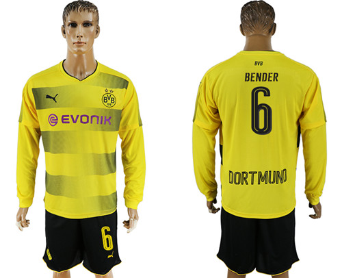 2017 18 Dortmund 6 BENDER Home Long Sleeve Soccer Jersey