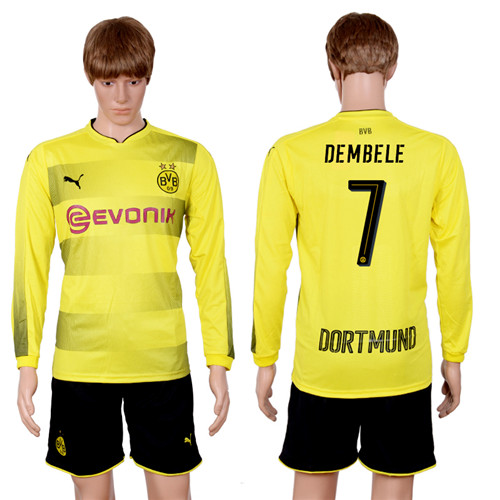 2017 18 Dortmund 7 DEMBELE Home Long Sleeve Soccer Jersey