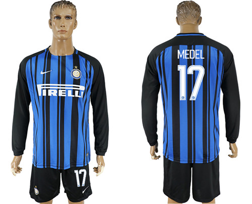 2017 18 Inter Milan 17 MEDEL Home Long Sleeve Soccer Jersey