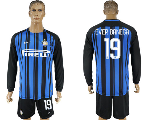 2017 18 Inter Milan 19 EVER BANEGA Home Long Sleeve Soccer Jersey