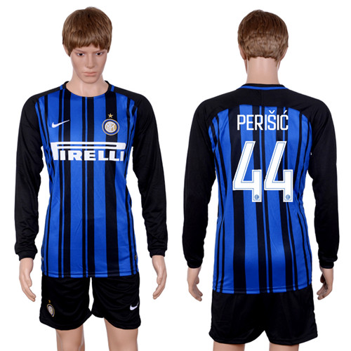 2017 18 Inter Milan 44 PERISIC Home Long Sleeve Soccer Jersey