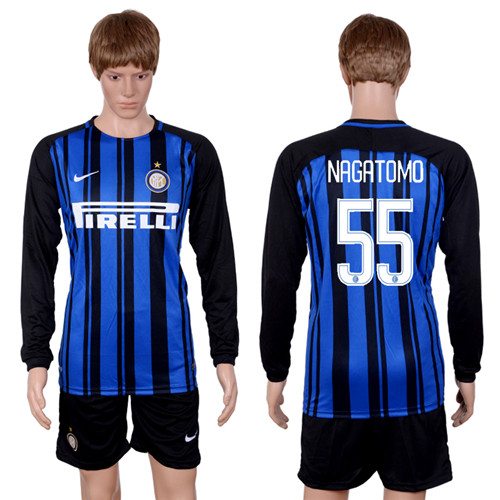 2017 18 Inter Milan 55 NAGATOMO Home Long Sleeve Soccer Jersey