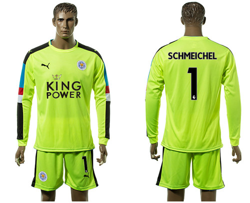 2017 18 Leicester City 1 SCHMEICHEL Fluorescent Green Long Sleeve Goalkeeper Soccer Jersey
