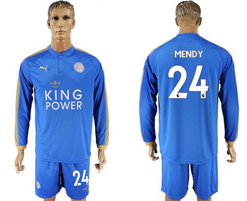 2017 18 Leicester City 24 MENDY Home Long Sleeve Soccer Jersey