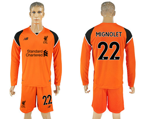 2017 18 Liverpool 22 MIGNOLET Orange Goalkeeper Long Sleeve Soccer Jersey