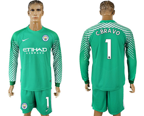 2017 18 Manchester City 1 C.BRAVO Green Long Sleeve Goalkeeper Soccer Jersey