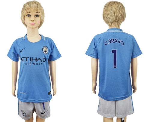 2017 18 Manchester City 1 C.BRAVO Home Youth Soccer Jersey