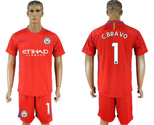 2017 18 Manchester City 1 C.BRAVO Red Goalkeeper Soccer Jersey