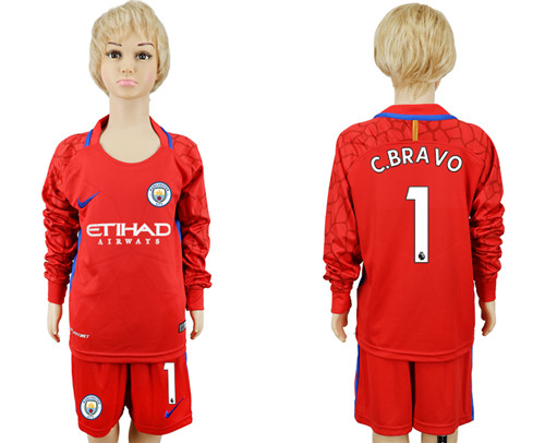 2017 18 Manchester City 1 C.BRAVO Red Youth Long Sleeve Goalkeeper Soccer Jersey