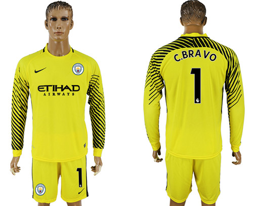 2017 18 Manchester City 1 C.BRAVO Yellow Long Sleeve Goalkeeper Soccer Jersey