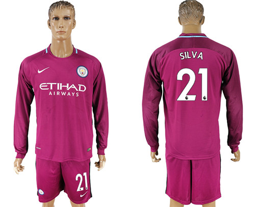 2017 18 Manchester City 21 SILVA Away Long Sleeve Soccer Jersey