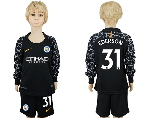 2017 18 Manchester City 31 EDERSON Black Youth Long Sleeve Goalkeeper Soccer Jersey