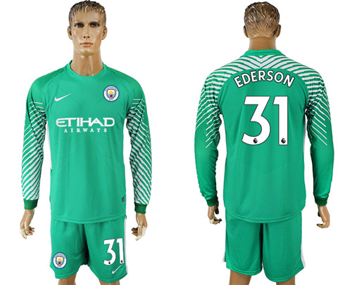 2017 18 Manchester City 31 EDERSON Green Long Sleeve Goalkeeper Soccer Jersey
