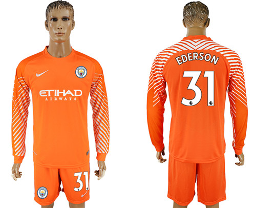 2017 18 Manchester City 31 EDERSON Orange Long Sleeve Goalkeeper Soccer Jersey