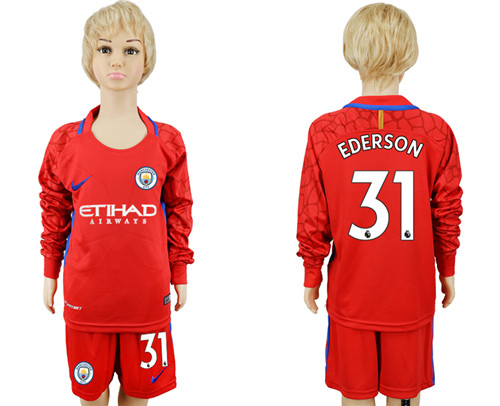 2017 18 Manchester City 31 EDERSON Red Youth Long Sleeve Goalkeeper Soccer Jersey
