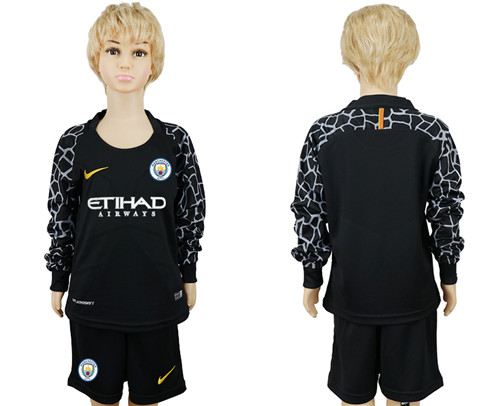 2017 18 Manchester City Black Youth Long Sleeve Goalkeeper Soccer Jersey