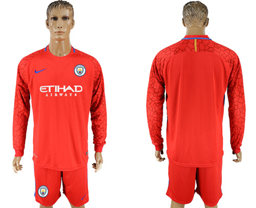 2017 18 Manchester City Red Long Sleeve Goalkeeper Soccer Jersey