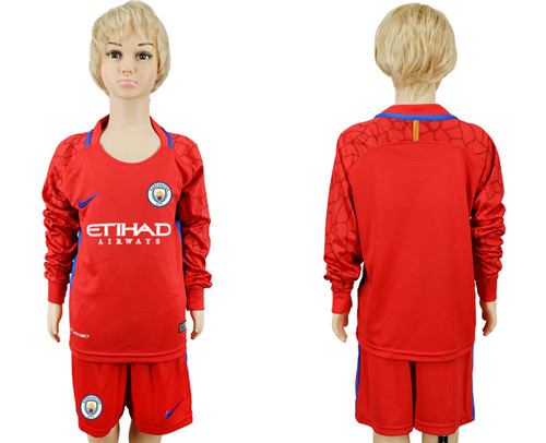 2017 18 Manchester City Red Youth Long Sleeve Goalkeeper Soccer Jersey