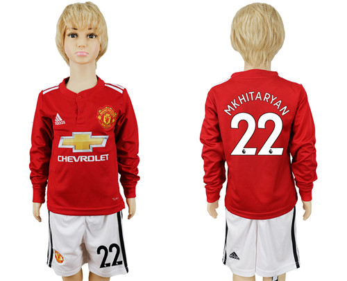 2017 18 Manchester United 22 MKHITARYAN Home Youth Long Sleeve Soccer Jersey