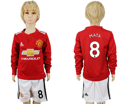 2017 18 Manchester United 8 MATA Home Youth Long Sleeve Soccer Jersey