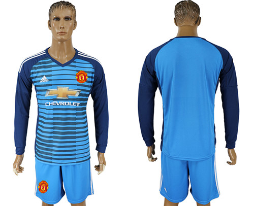 2017 18 Manchester United Lake Blue Goalkeeper Long Sleeve Soccer Jersey