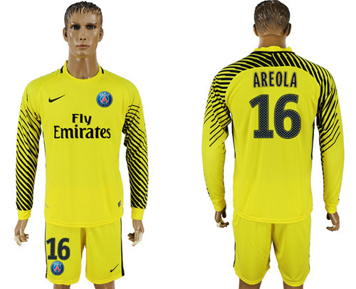 2017 18 Paris Saint Germain 16 AREOLA Yellow Goalkeeper Long Sleeve Soccer Jersey