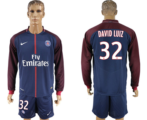 2017 18 Paris Saint Germain 32 DAVID LUIZ Home Long Sleeve Soccer Jersey