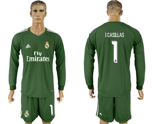2017 18 Real Madrid 1 I CASILLAS Military Green Long Sleeve Goalkeeper Soccer Jersey