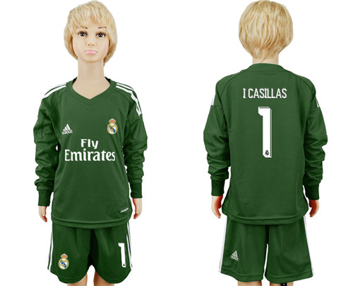 2017 18 Real Madrid 1 I. CASILLAS Military Green Youth Long Sleeve Goalkeeper Soccer Jersey