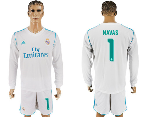 2017 18 Real Madrid 1 NAVAS Home Long Sleeve Soccer Jersey