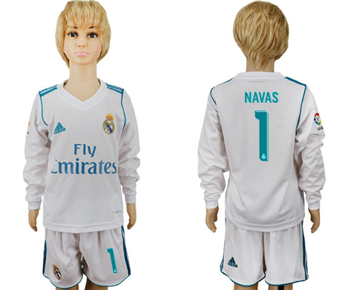 2017 18 Real Madrid 1 NAVAS Home Youth Long Sleeve Soccer Jersey