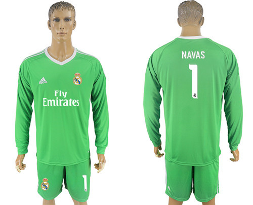 2017 18 Real Madrid 1 NAVAZ Green Long Sleeve Goalkeeper Soccer Jersey