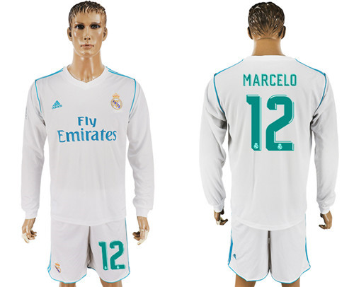 2017 18 Real Madrid 12 MARCELO Home Long Sleeve Soccer Jersey