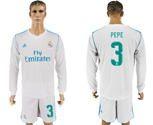 2017 18 Real Madrid 3 PEPE Home Long Sleeve Soccer Jersey