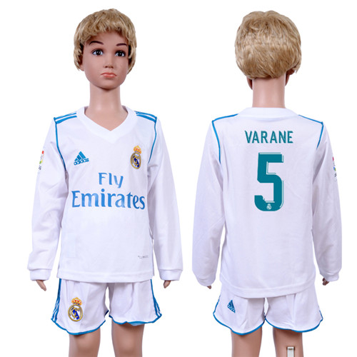 2017 18 Real Madrid 5 VARANE Home Youth Long Sleeve Soccer Jersey