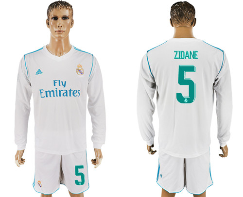 2017 18 Real Madrid 5 ZIDANE Home Long Sleeve Soccer Jersey