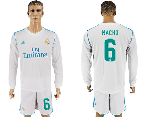 2017 18 Real Madrid 6 NACHO Home Long Sleeve Soccer Jersey