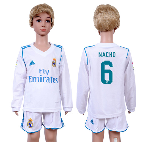 2017 18 Real Madrid 6 NACHO Home Youth Long Sleeve Soccer Jersey