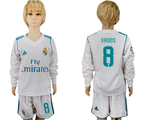 2017 18 Real Madrid 8 KROOS Home Youth Long Sleeve Soccer Jersey