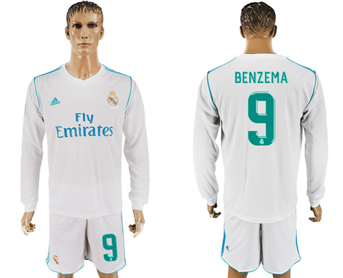 2017 18 Real Madrid 9 BENZEMA Home Long Sleeve Soccer Jersey