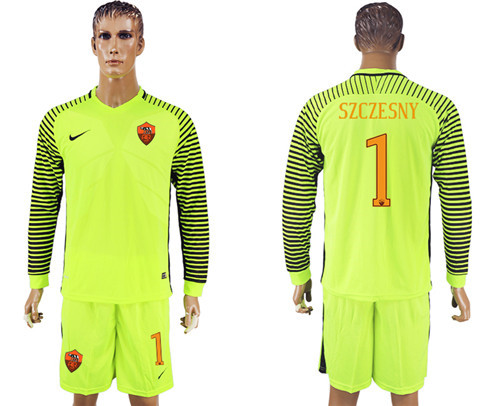 2017 18 Roma 1 SZCZESNY Fluorescent Green Long Sleeve Goalkeeper Soccer Jersey