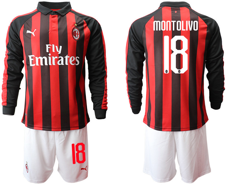 2018 19 AC Milan 18 MONTOLIVO Home Long Sleeve Soccer Jersey