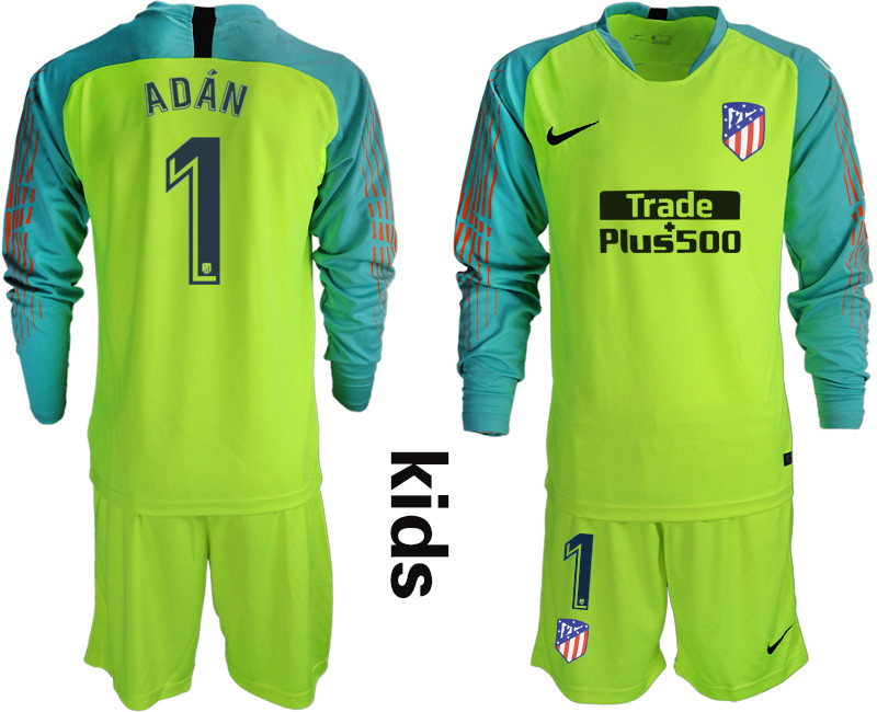 2018 19 Atletico Madrid 1 ADAN Fluorescent Green Youth Long Sleeve Soccer Jersey