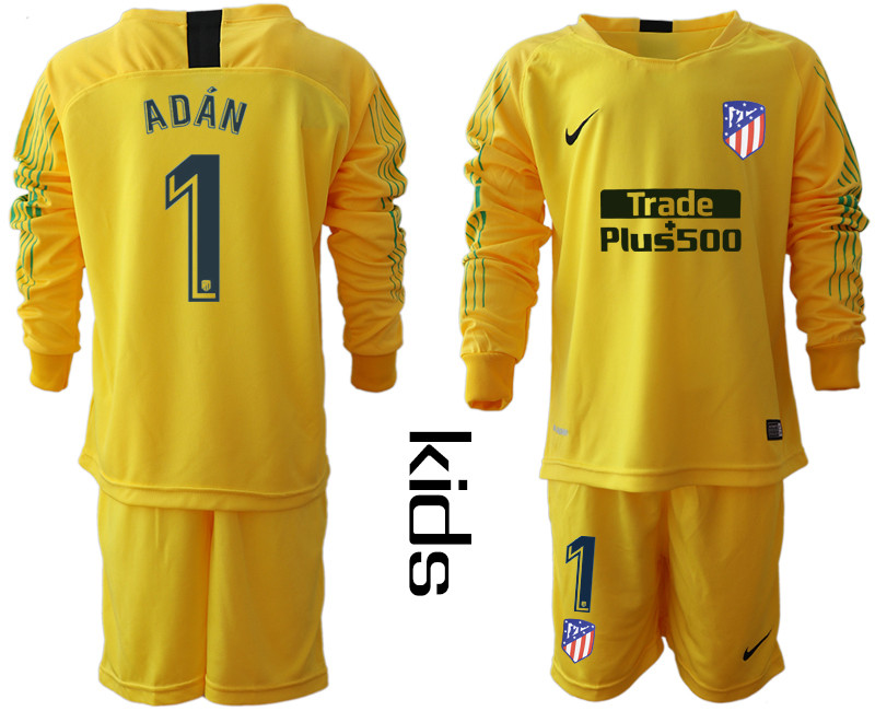 2018 19 Atletico Madrid 1 ADAN Yellow Youth Long Sleeve Soccer Jersey
