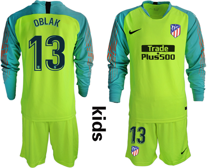 2018 19 Atletico Madrid 13 OBLAK Fluorescent Green Youth Long Sleeve Soccer Jersey